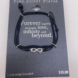 4/$20 Silver Plated Infinity Bracelet with Black Cord